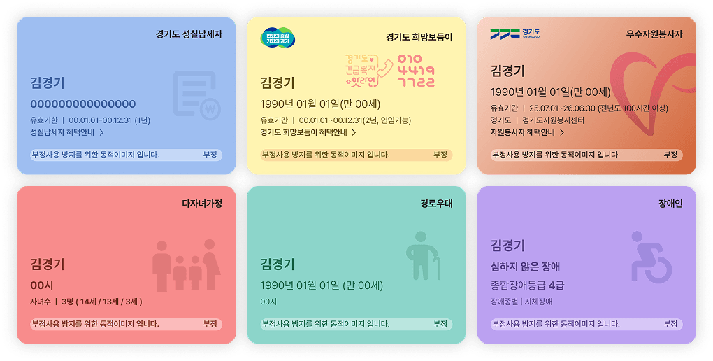 경기도 성실납세자 카드, 경기도 희망보듬이 카드, 우수자원봉사자 카드, 다자녀 가정 카드, 경로우대 카드, 장애인 카드
